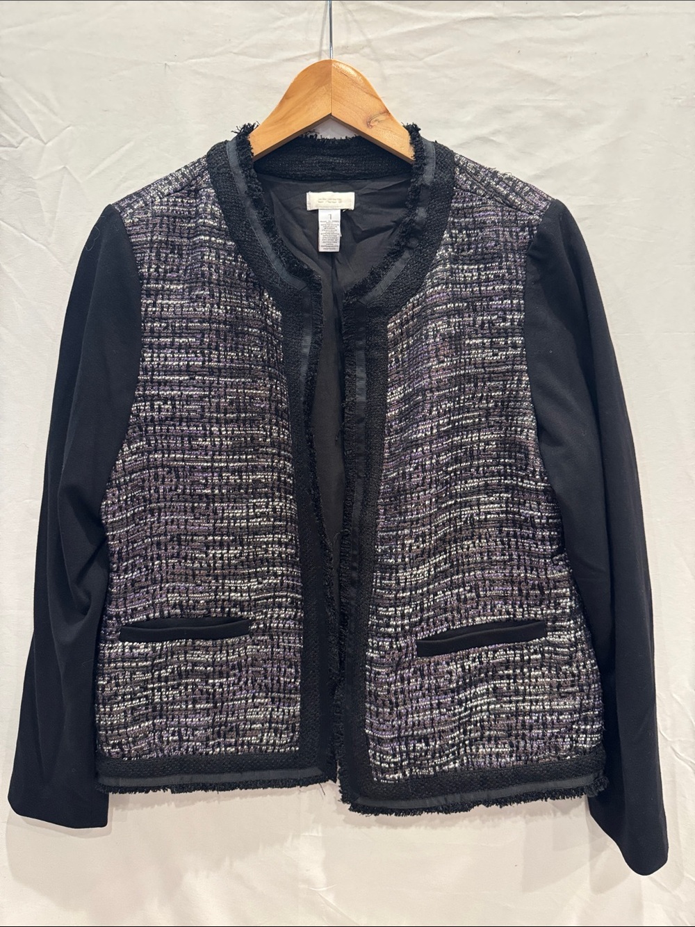 Chico's Bouclé Tweed Open-Front Jacket Cardigan in Black and Purple M 1